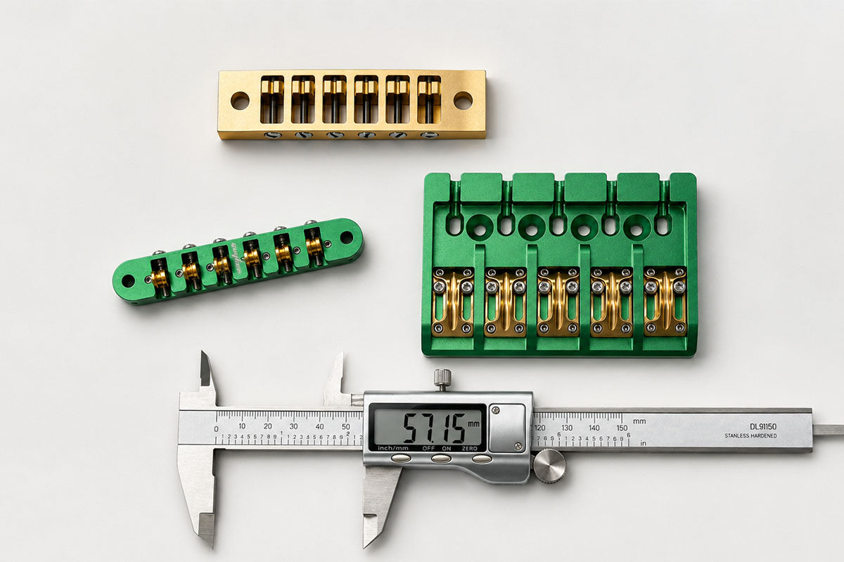 Guitar bridge measurement guide with caliper and different bridge types
