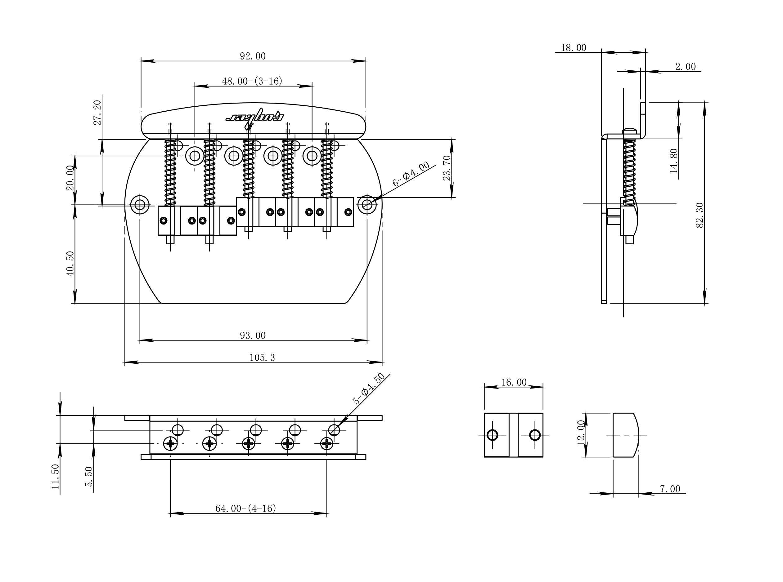 5-String Bass Bridge with Brass Saddles | Guyker