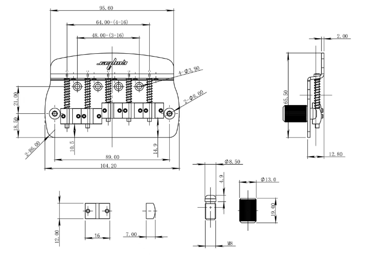 Guyker GB1026 5-String Bass Guitar Bridge with Brass Saddles