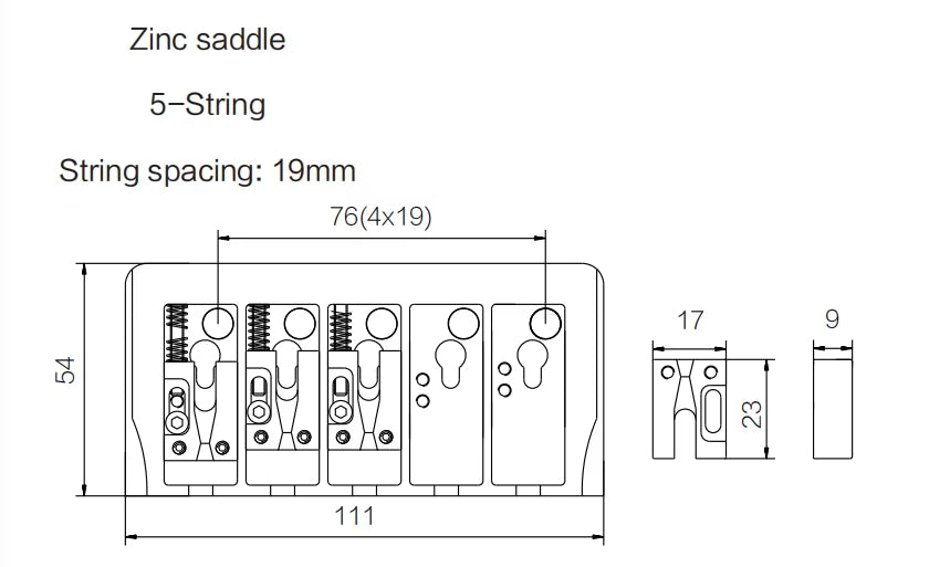 Guyker 5-String Bass Bridge 19mm Spacing Locking Zinc Saddles GB405
