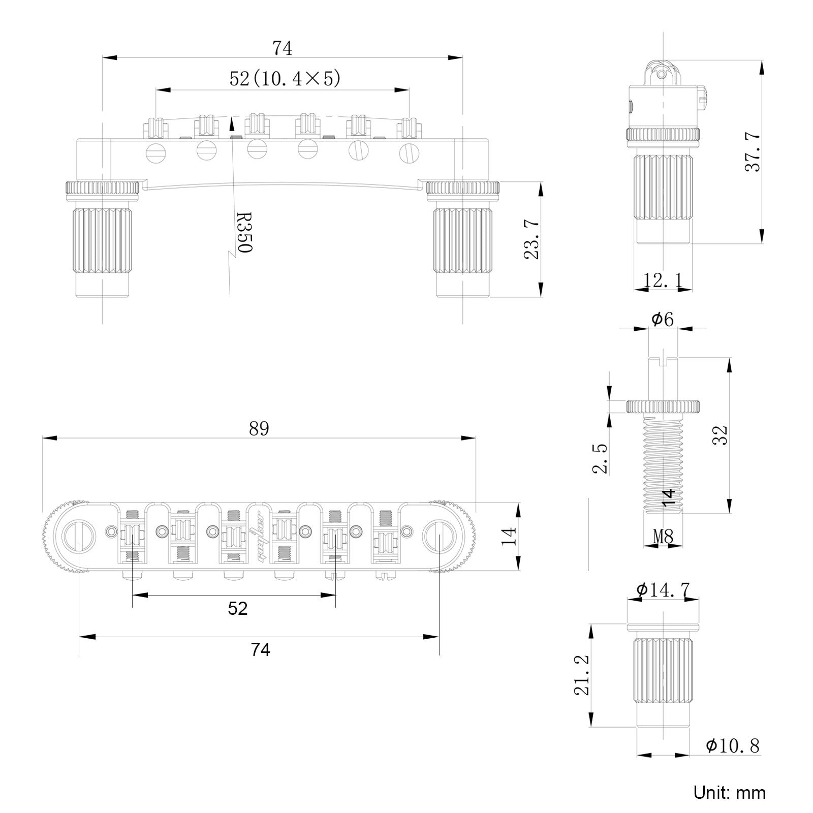 Tune-o-Matic Adjustable Roller Locking Bridge Zinc and Steel with M8 Screws Guyker