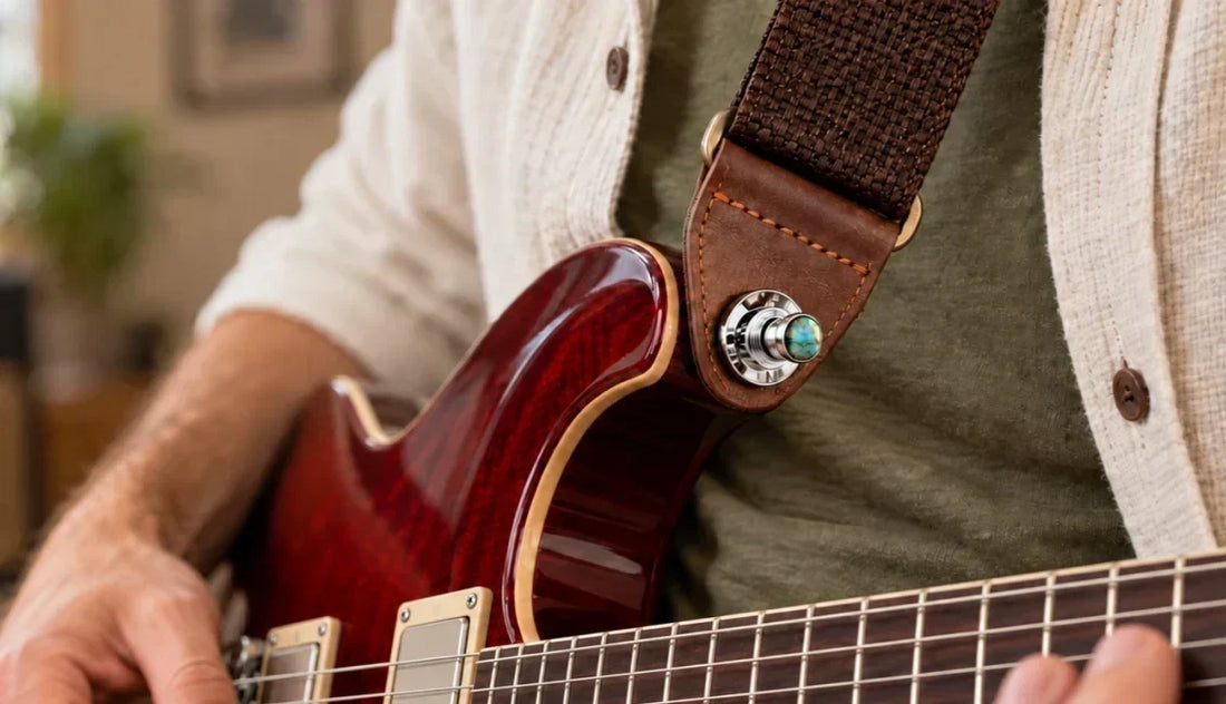 Close-up of an electric guitar strap secured with a locking strap button