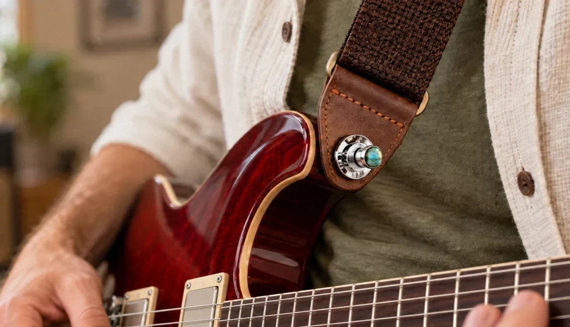 Close-up of an electric guitar strap secured with a locking strap button