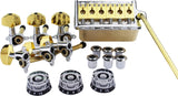 Guyker Gold PRS Guitar Accessories Set with Tuners (3R + 3L), 3 Brown Potentimeter Control Knobs and Tremolo Bridge Knife Edge Pop-In Vibrato Bar