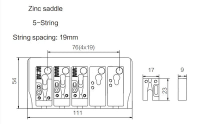 Guyker 5-String Bass Bridge 19mm Spacing Locking Zinc Saddles GB405