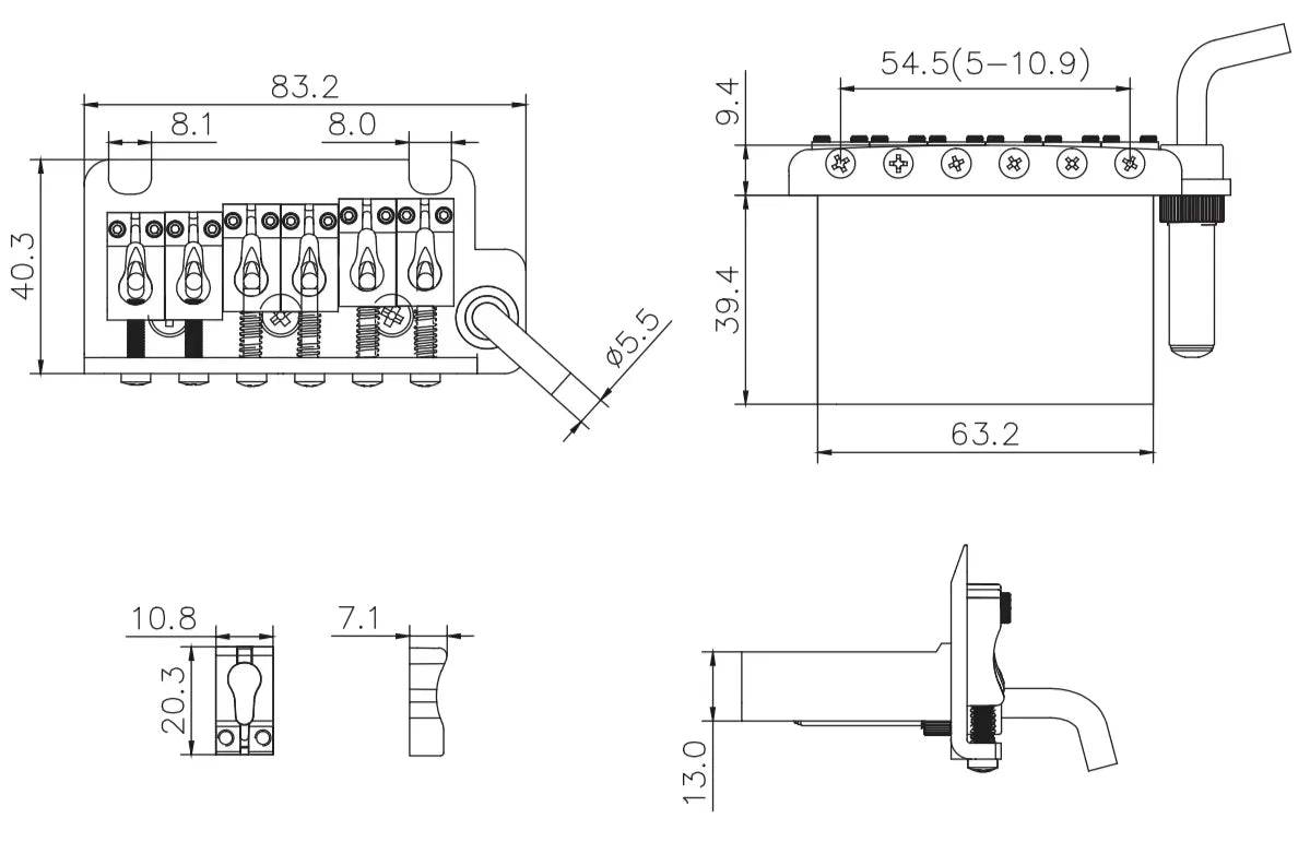 Guyker ST Tremolo Bridge 2-Point 10.8mm Spacing with Brass Block GG510 