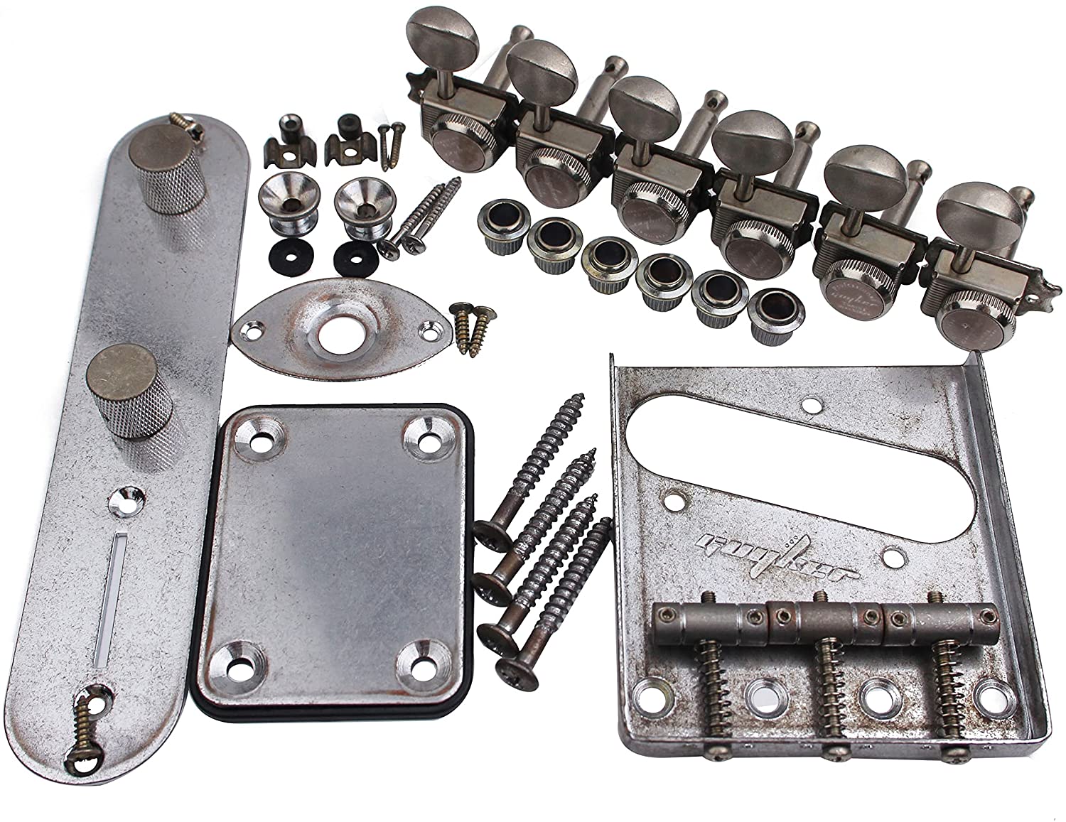 Guyker Relic Electric Guitar Accessories Set, Tuners (6R), Control Plate with Potentimeter Knobs, Bridge, Strap Lock, String Retainer and Jack/Neck Plate Vintage Compatible with Tele TL Telecaster